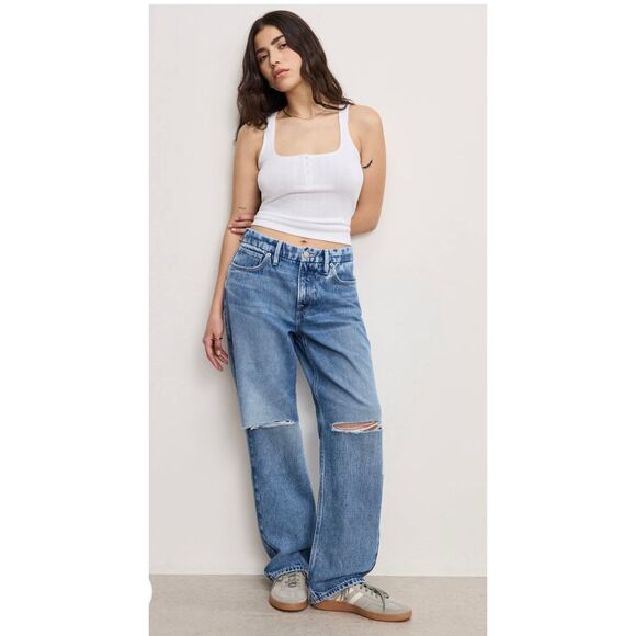 Good American Denim - Good American Straight Leg Distressed Blue Jeans